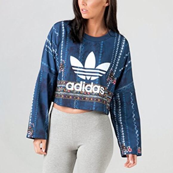 Adidas x Farm Rio Cirandeira Sweatshirt Cropped Blue Floral Crewneck Pullover XS - Picture 1 of 11